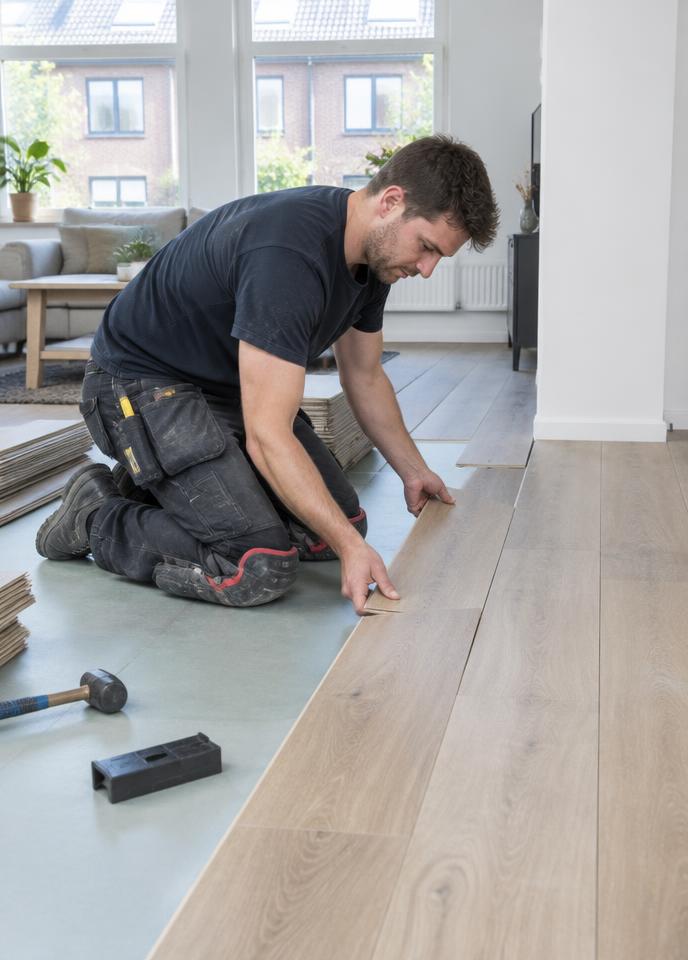 Vakman legt laminaatvloer in een woonkamer tijdens een verbouwing